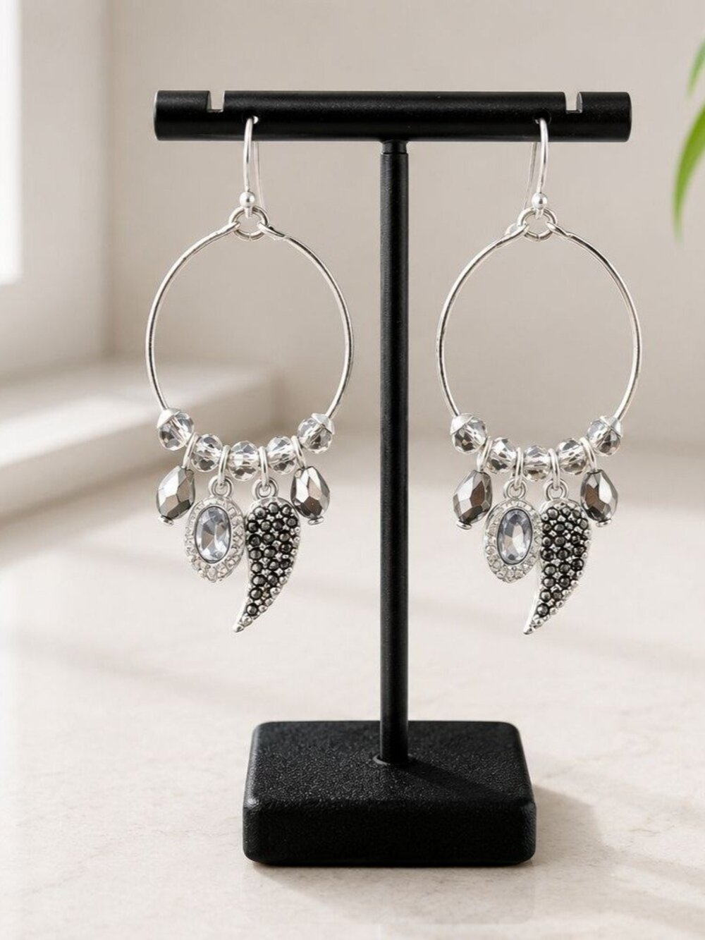Silver-Tone Hoop Earrings With Crystal Charms & Pave Accents